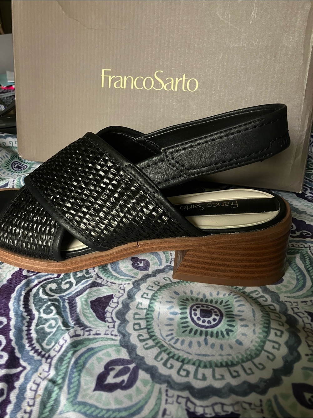 Franco Sarto Black Woven Leather Slingback Mule with Wood-Tone Heel